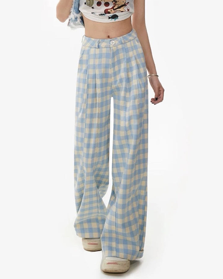 Wide-Leg Blue Gingham Trousers - Vedlit