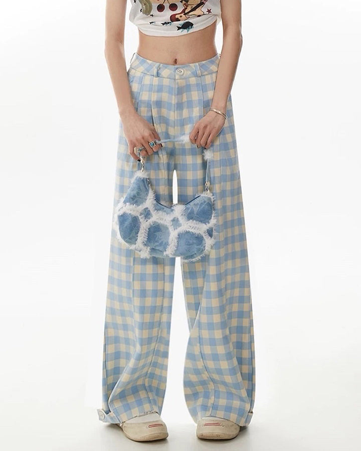 Wide-Leg Blue Gingham Trousers - Vedlit