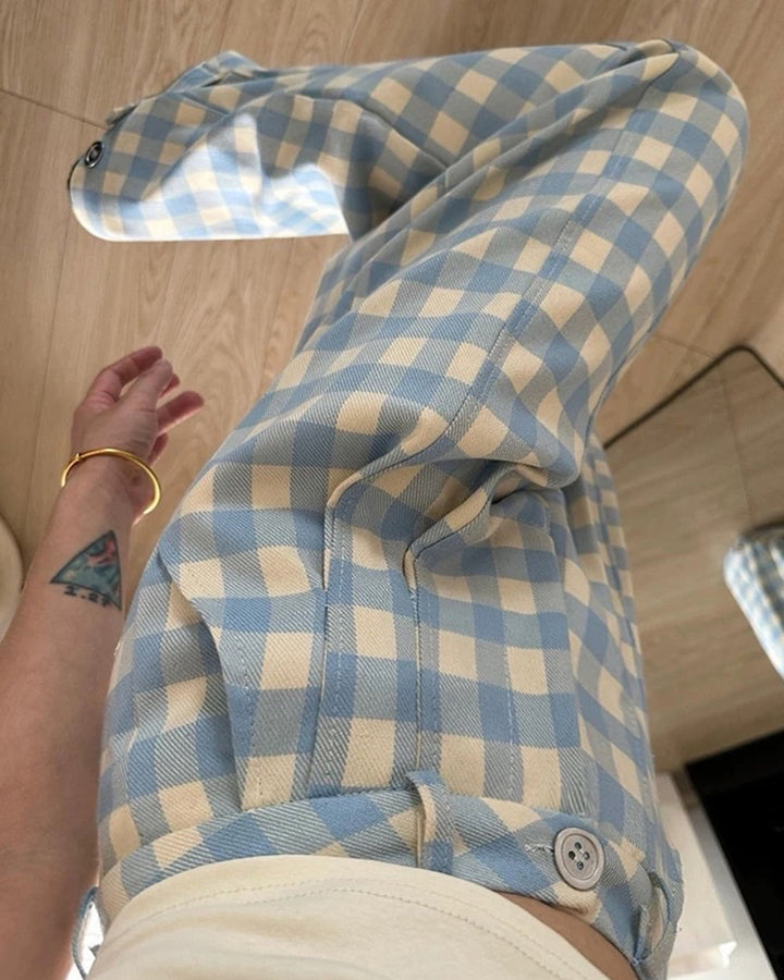 Wide-Leg Blue Gingham Trousers - Vedlit