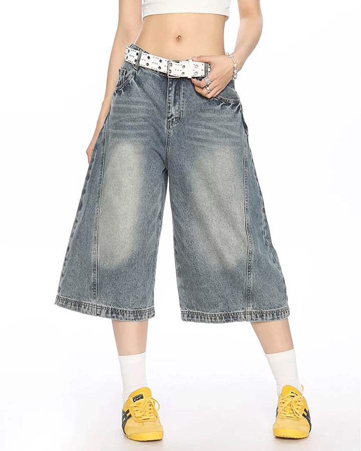 Wide Leg Vintage Wash Culotte Jeans - Vedlit