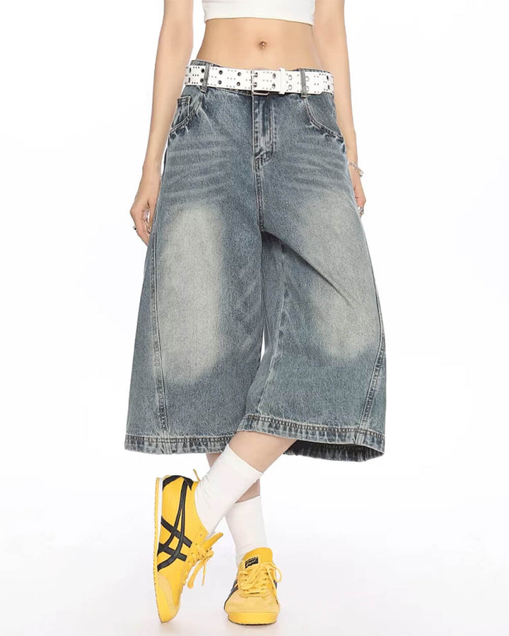 Wide Leg Vintage Wash Culotte Jeans - Vedlit