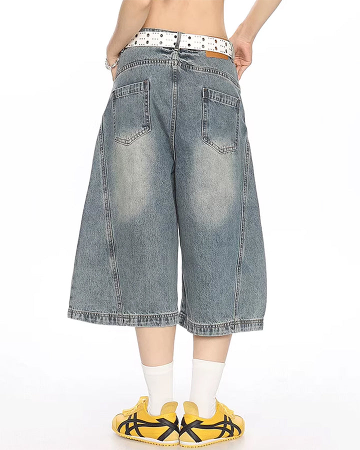 Wide Leg Vintage Wash Culotte Jeans - Vedlit