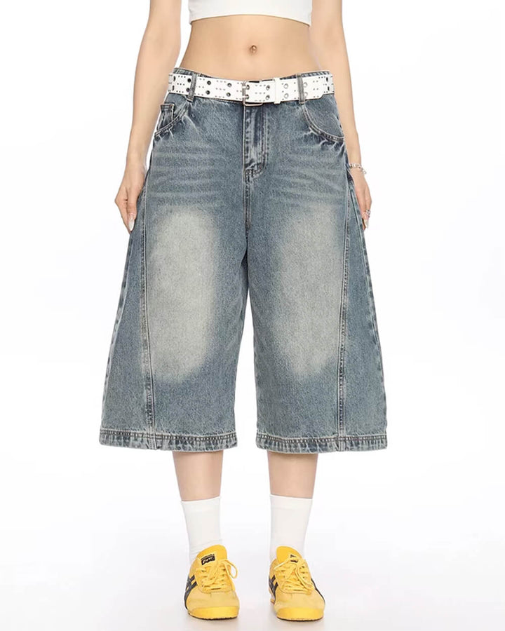Wide Leg Vintage Wash Culotte Jeans - Vedlit