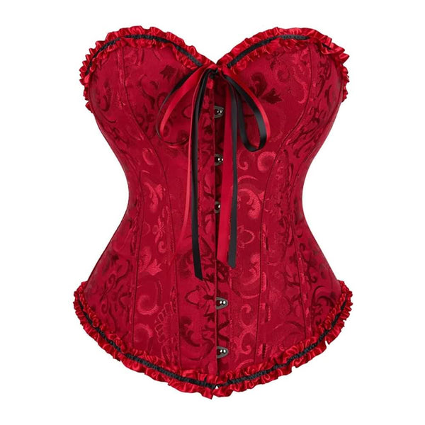 Wine Red Gothic Ruffle Trim Hourglass Overbust Corset - Vedlit