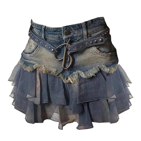Y2K Aesthetic Denim Ruffled Skirt - Vedlit