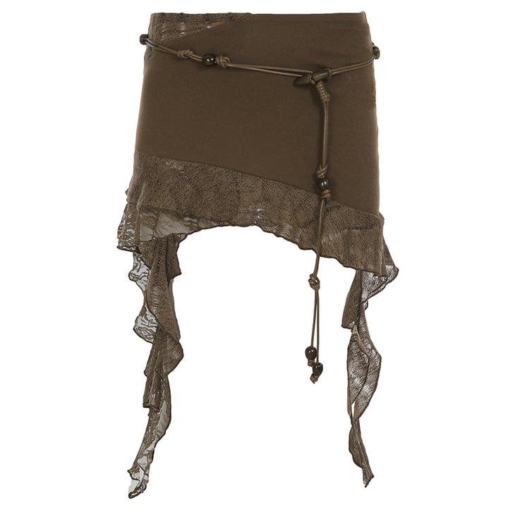 Y2K Brown Asymmetrical Mini Skirt with Lace Trim and Belt Detail - Vedlit