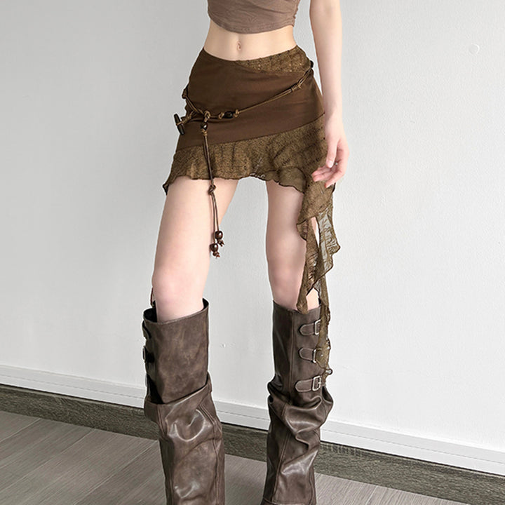 Y2K Brown Asymmetrical Mini Skirt with Lace Trim and Belt Detail - Vedlit