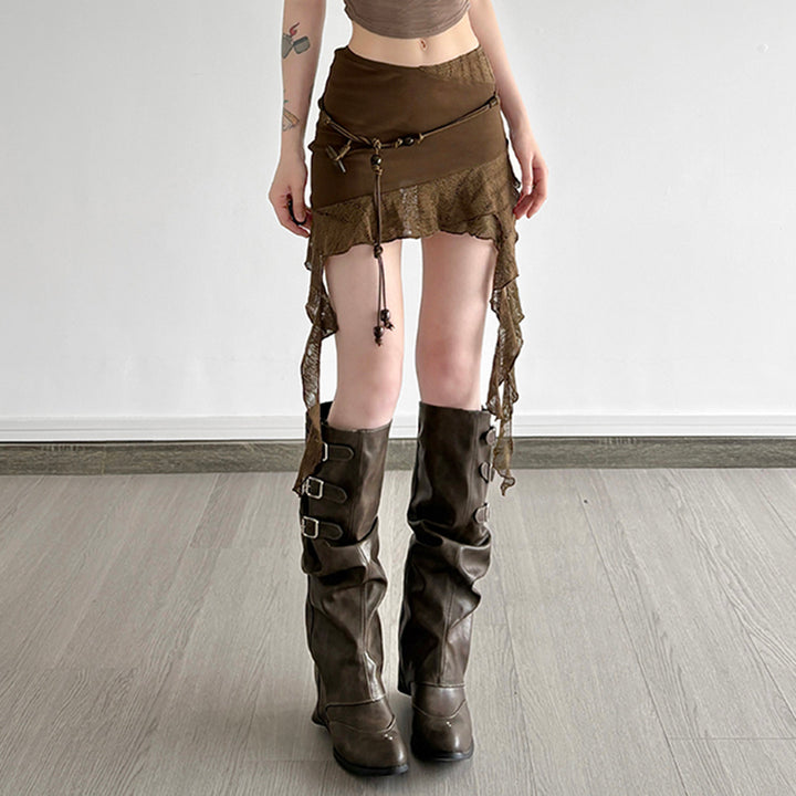 Y2K Brown Asymmetrical Mini Skirt with Lace Trim and Belt Detail - Vedlit