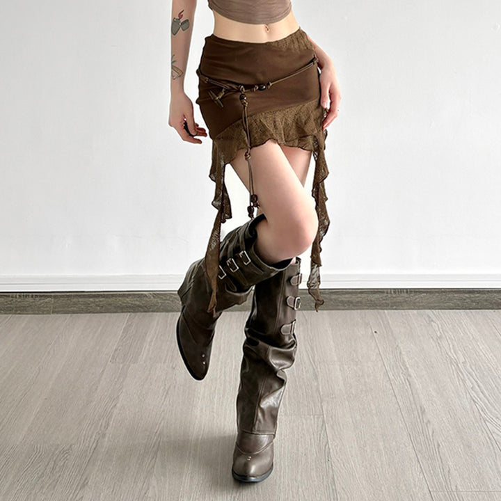 Y2K Brown Asymmetrical Mini Skirt with Lace Trim and Belt Detail - Vedlit
