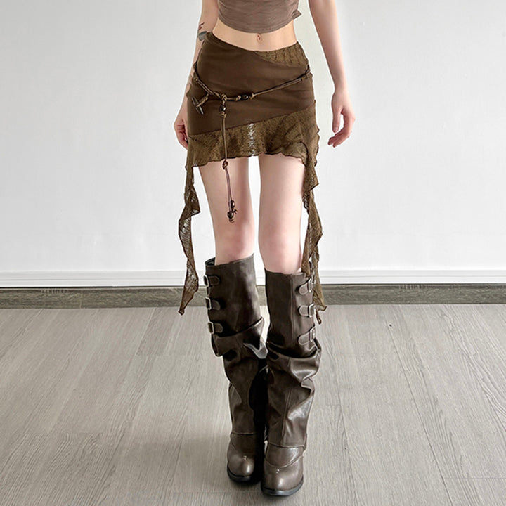 Y2K Brown Asymmetrical Mini Skirt with Lace Trim and Belt Detail - Vedlit