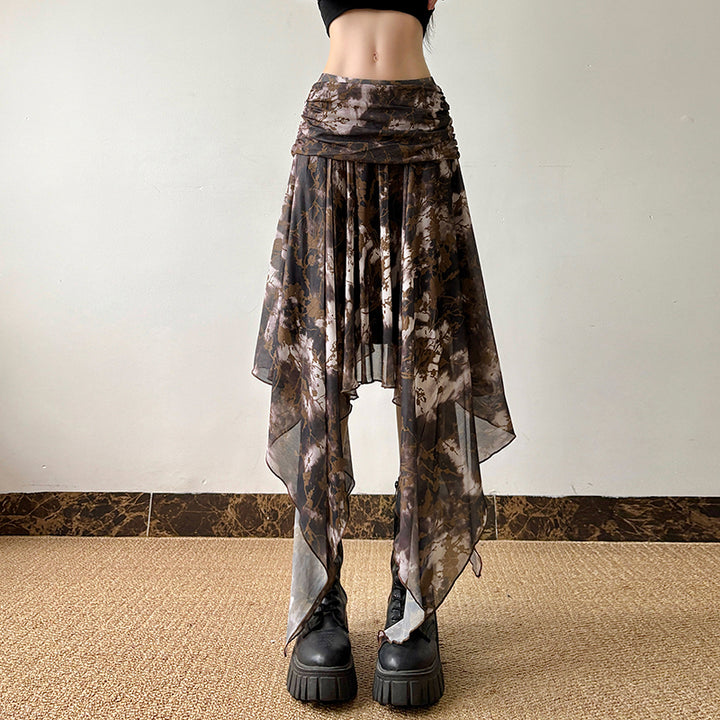 Y2K Brown Mesh Layered Handkerchief Skirt Fairycore Style - Vedlit