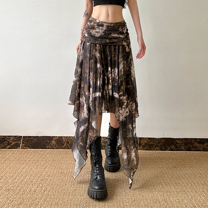 Y2K Brown Mesh Layered Handkerchief Skirt Fairycore Style - Vedlit