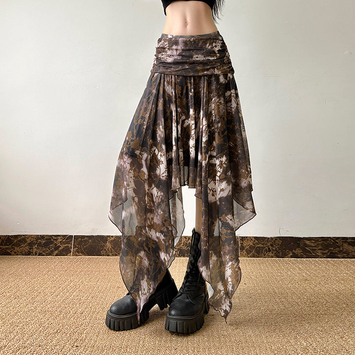 Y2K Brown Mesh Layered Handkerchief Skirt Fairycore Style - Vedlit