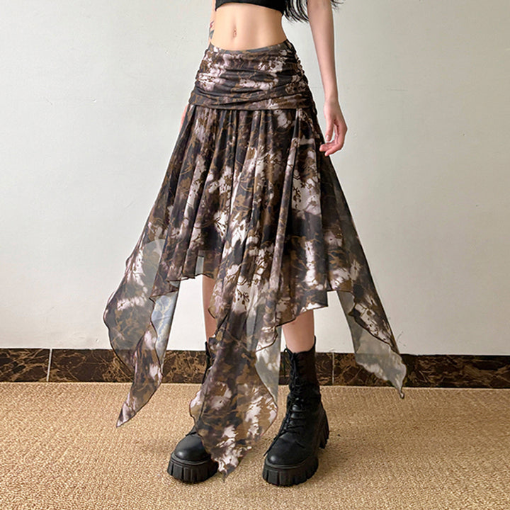 Y2K Brown Mesh Layered Handkerchief Skirt Fairycore Style - Vedlit