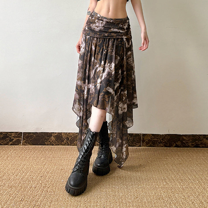 Y2K Brown Mesh Layered Handkerchief Skirt Fairycore Style - Vedlit