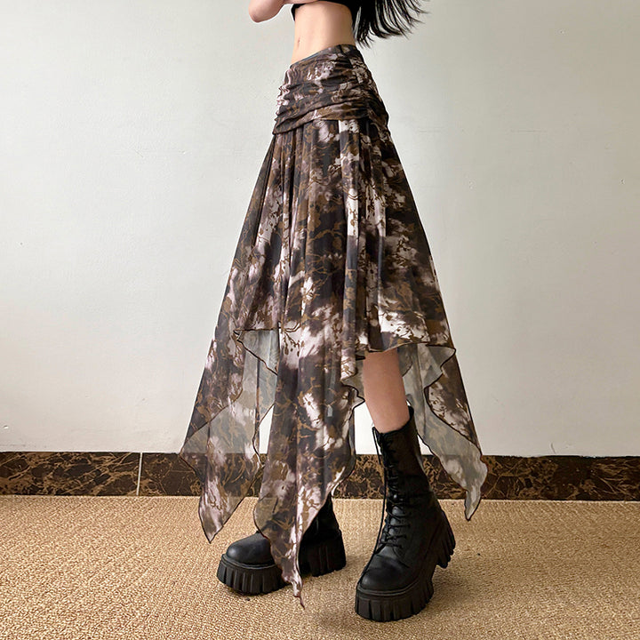 Y2K Brown Mesh Layered Handkerchief Skirt Fairycore Style - Vedlit