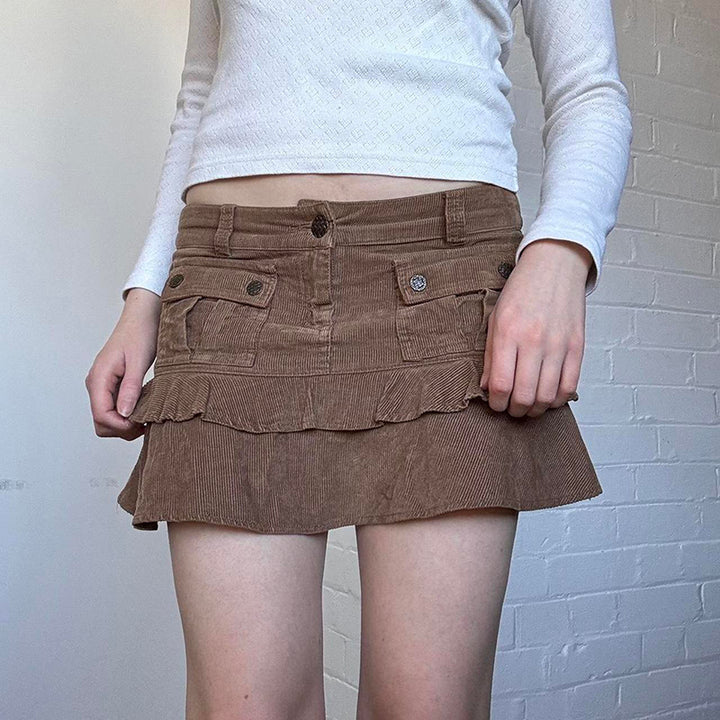 Y2K Corduroy Ruffle Pocket Mini Skirt - Brown - Vedlit