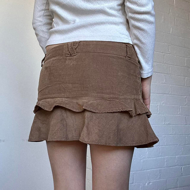 Y2K Corduroy Ruffle Pocket Mini Skirt - Brown - Vedlit