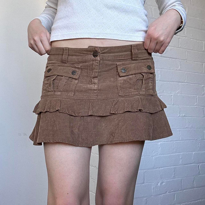 Y2K Corduroy Ruffle Pocket Mini Skirt - Brown - Vedlit