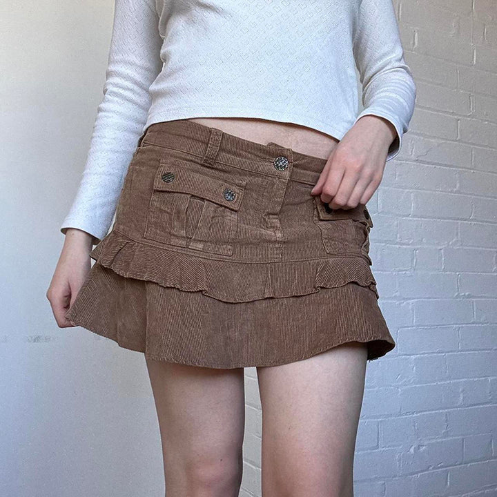 Y2K Corduroy Ruffle Pocket Mini Skirt - Brown - Vedlit
