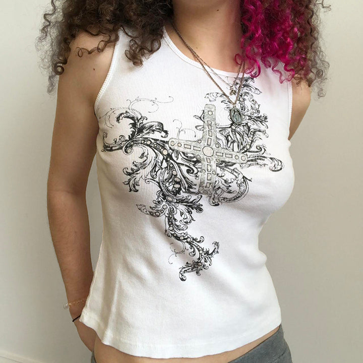 Y2K Cross Graphic White Ribbed Tank Top - Vedlit
