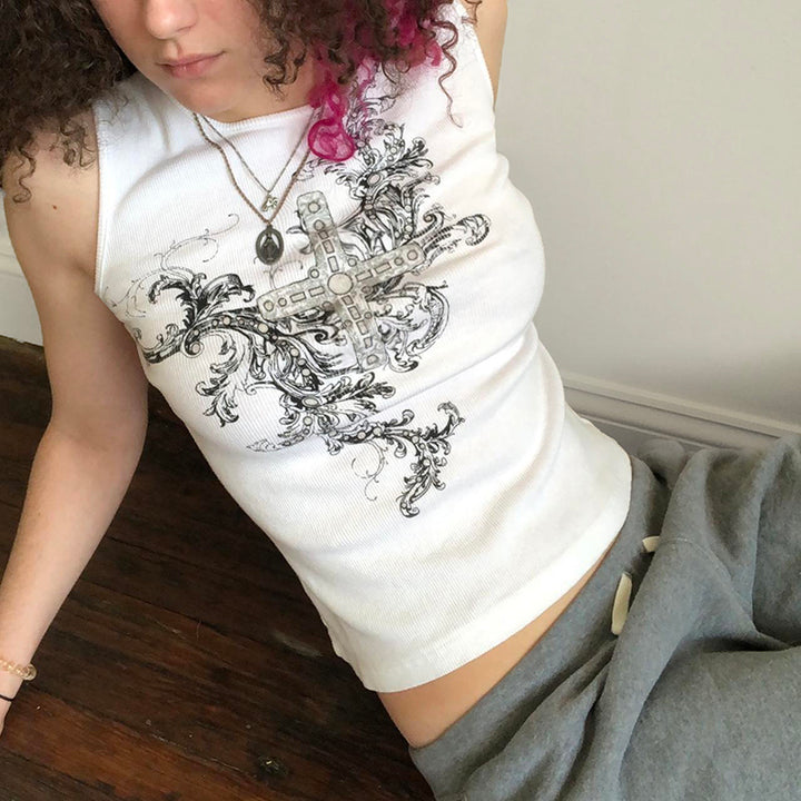 Y2K Cross Graphic White Ribbed Tank Top - Vedlit