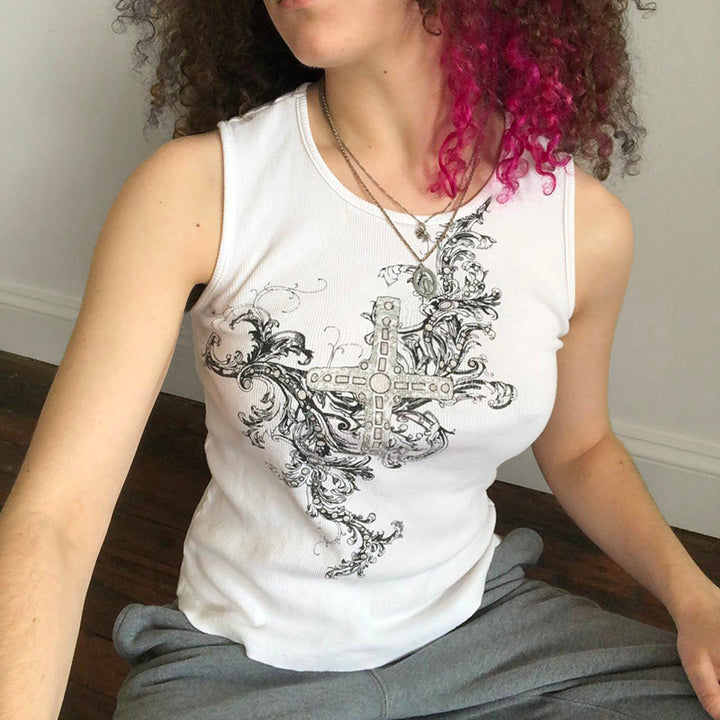 Y2K Cross Graphic White Ribbed Tank Top - Vedlit