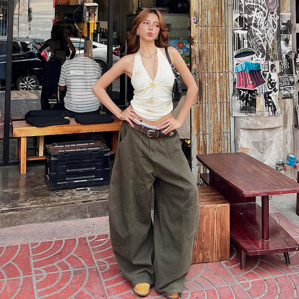 Y2K Dark Green Ultra Baggy Wide-Leg Cargo Jeans - Vedlit