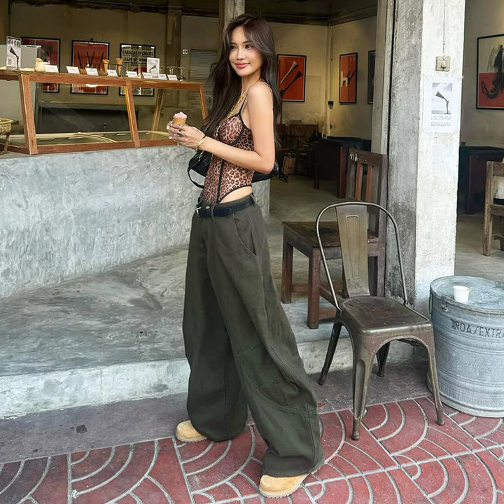 Y2K Dark Green Ultra Baggy Wide-Leg Cargo Jeans - Vedlit