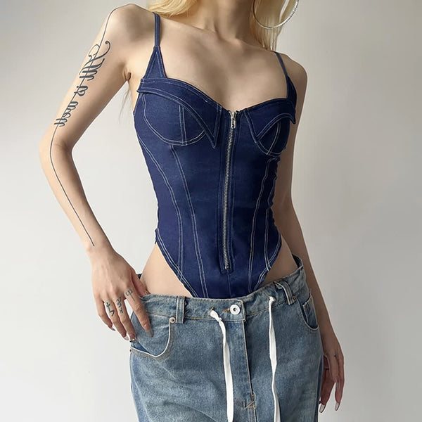 Y2K Denim High Cut Zipper Bodysuit - Vedlit