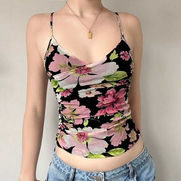 Y2K Floral Mesh Cowl Neck Cami Top - Vedlit