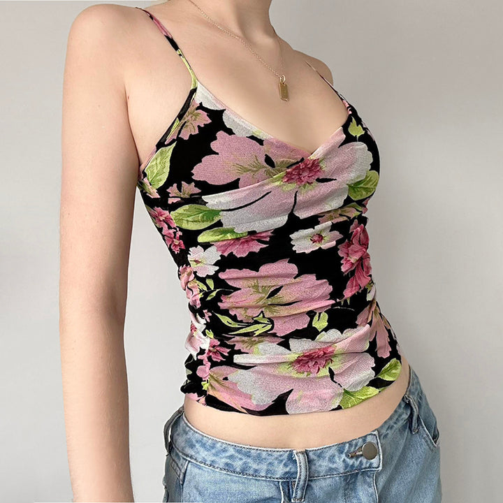 Y2K Floral Mesh Cowl Neck Cami Top - Vedlit