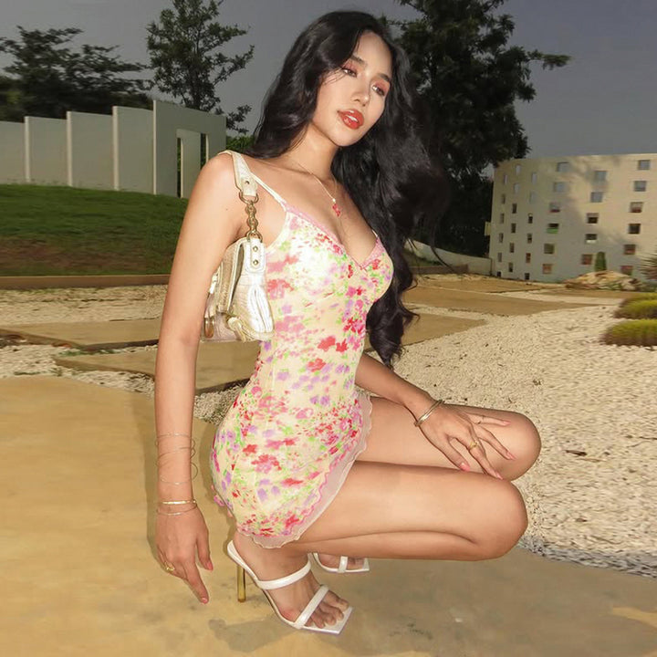 Y2K Floral Mesh Mini Dress with Scallop Hem - Vedlit