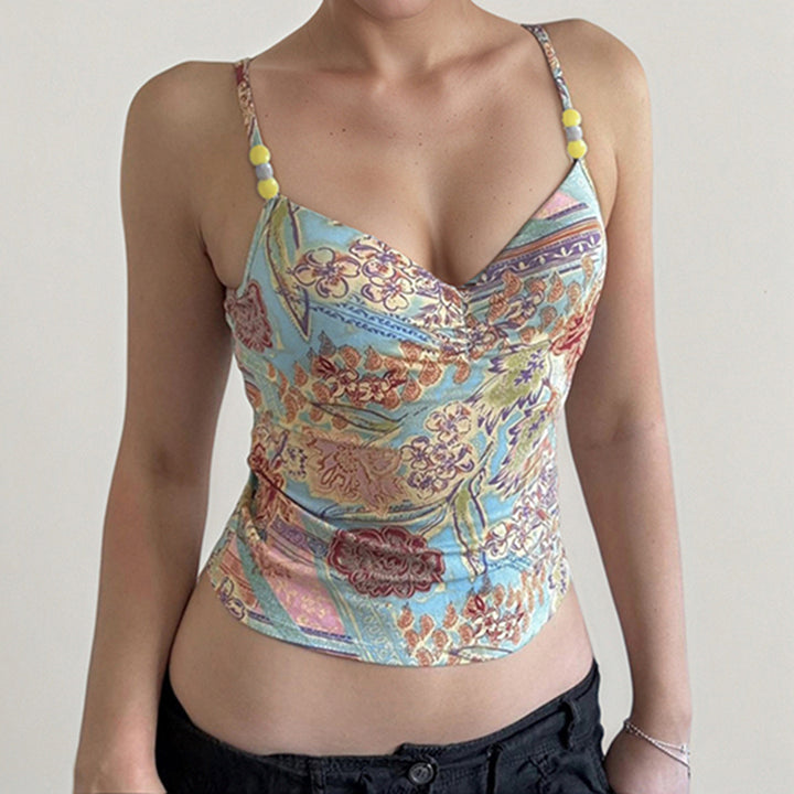 Y2K Floral Print Corset Cami Top with Beaded Straps - Vedlit
