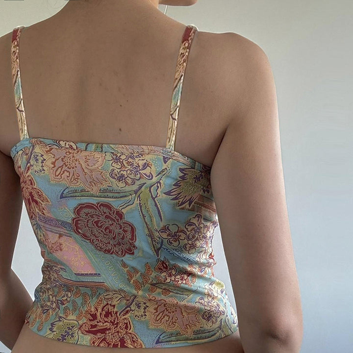 Y2K Floral Print Corset Cami Top with Beaded Straps - Vedlit