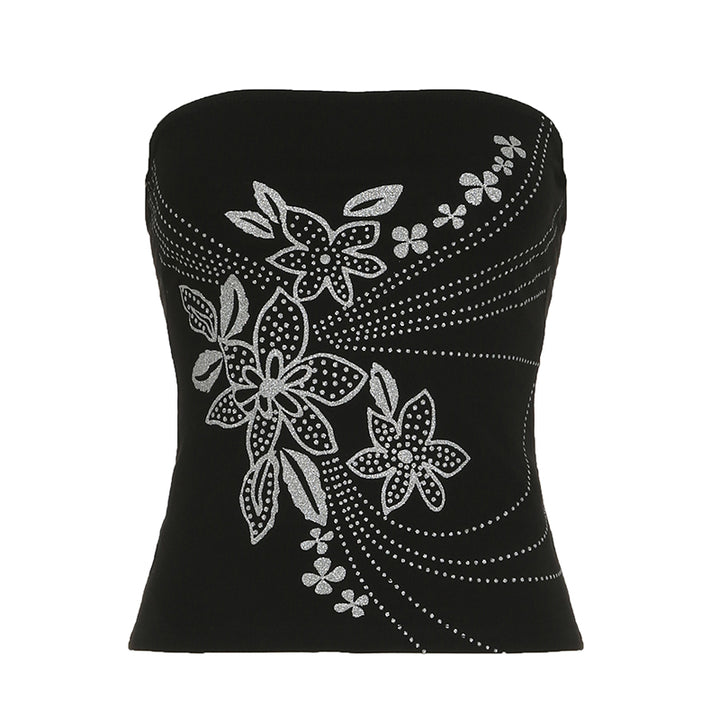Y2K Floral Rhinestone Strapless Tube Top - Vedlit