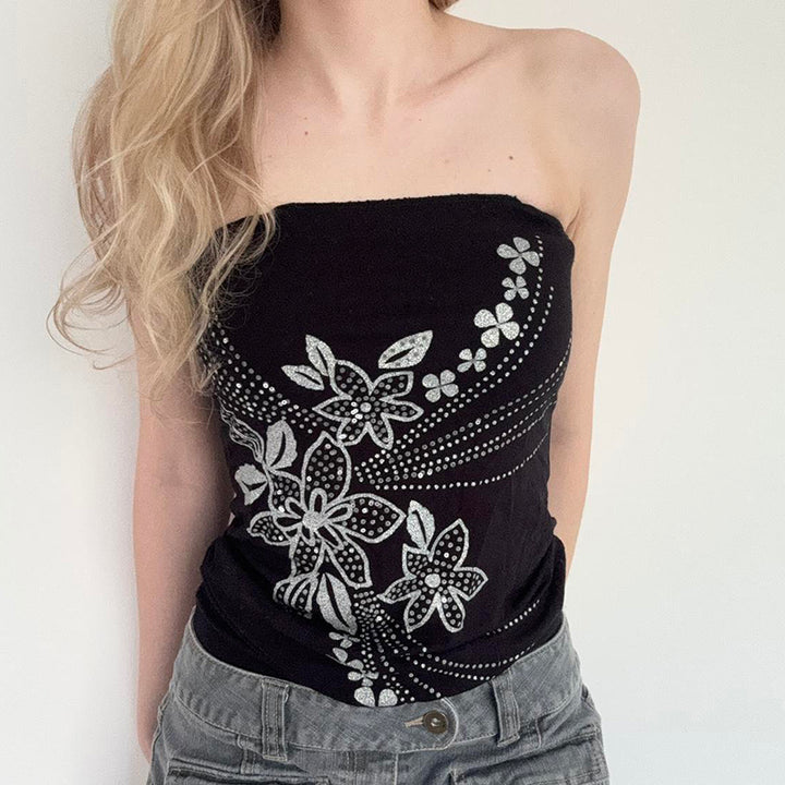 Y2K Floral Rhinestone Strapless Tube Top - Vedlit