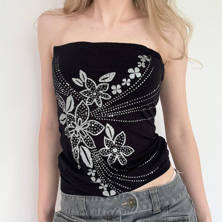 Y2K Floral Rhinestone Strapless Tube Top - Vedlit