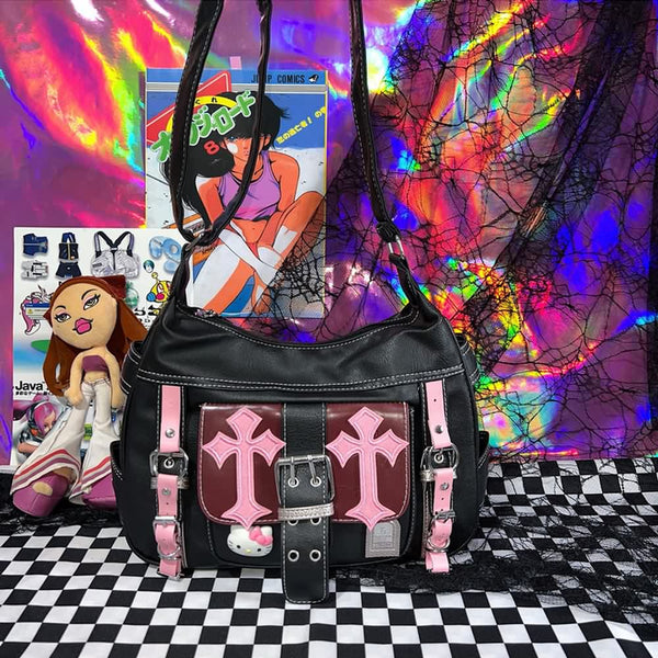 Y2K Gothic Punk Pink Cross Shoulder Bag - Vedlit