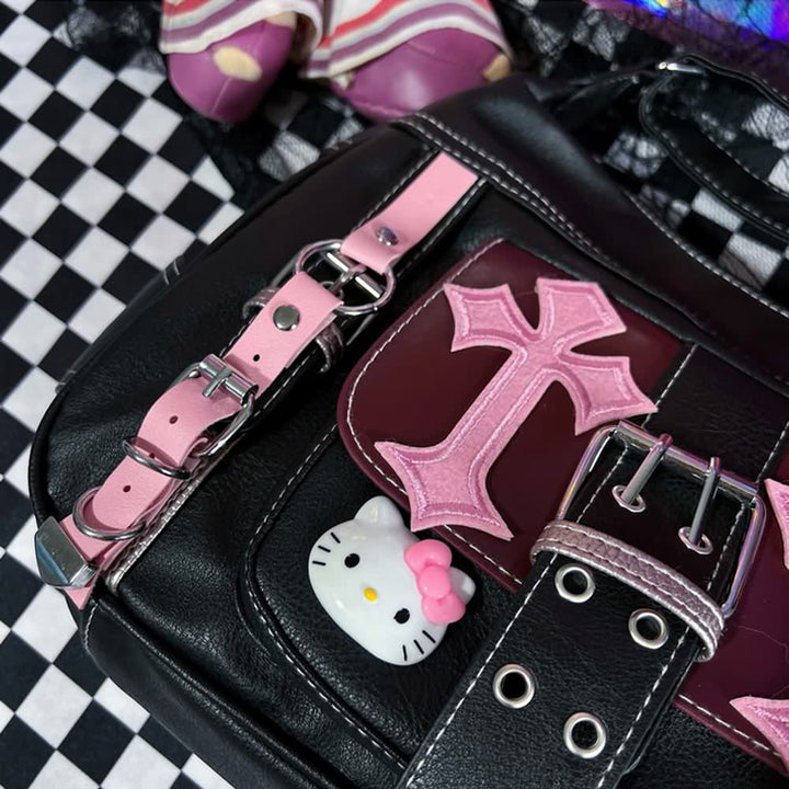 Y2K Gothic Punk Pink Cross Shoulder Bag - Vedlit