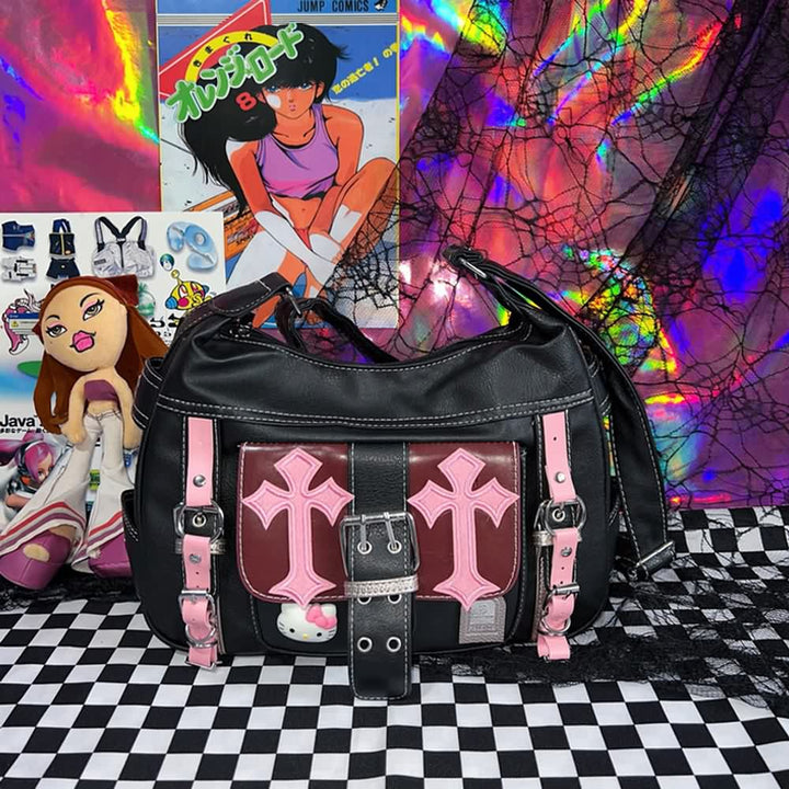 Y2K Gothic Punk Pink Cross Shoulder Bag - Vedlit