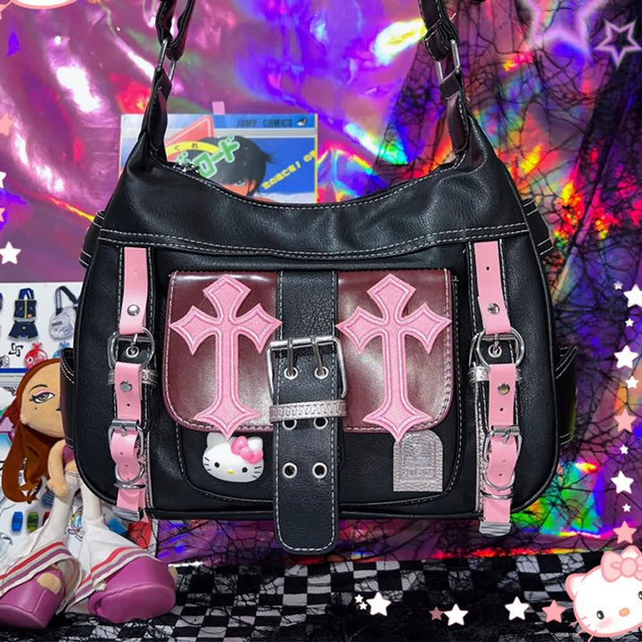 Y2K Gothic Punk Pink Cross Shoulder Bag - Vedlit