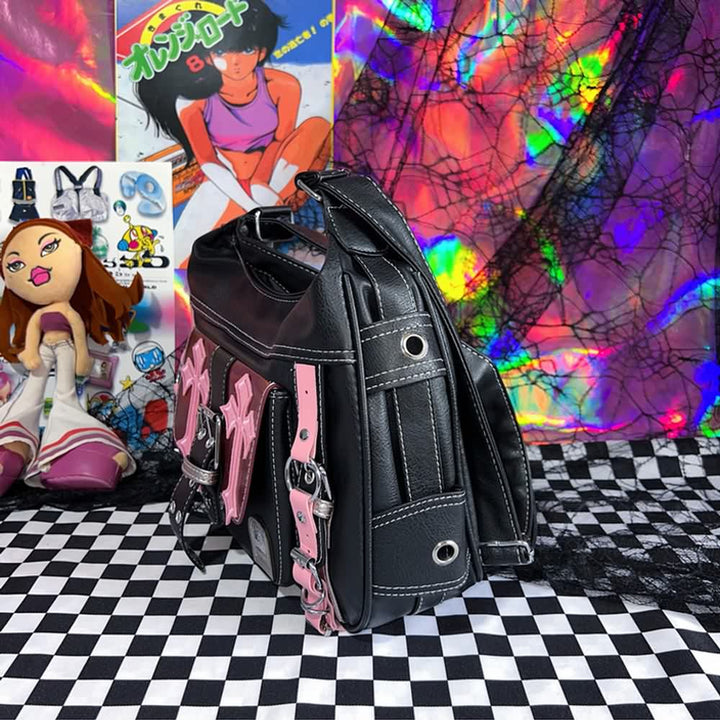 Y2K Gothic Punk Pink Cross Shoulder Bag - Vedlit