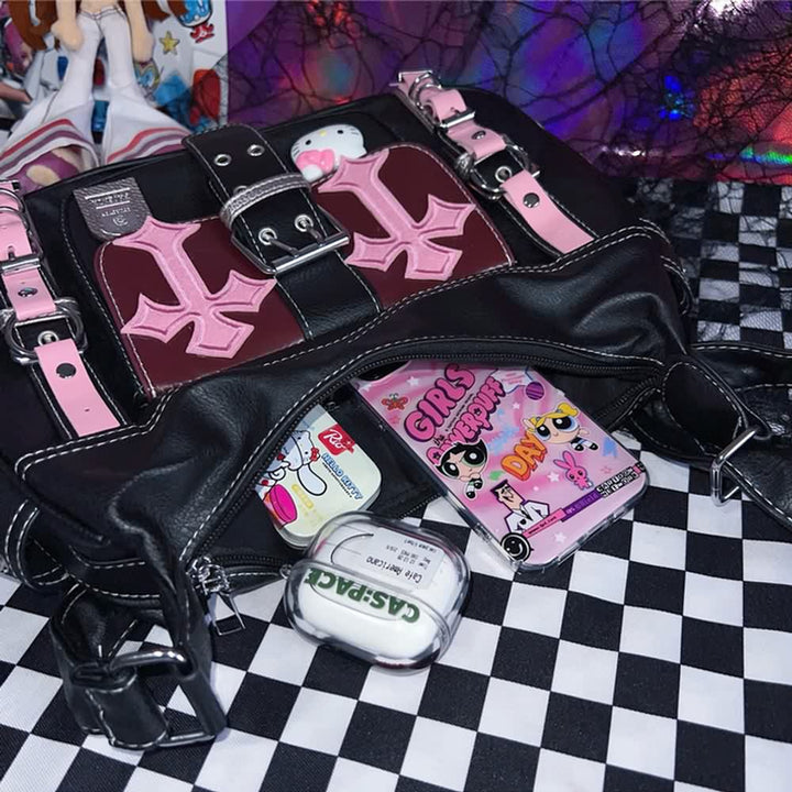 Y2K Gothic Punk Pink Cross Shoulder Bag - Vedlit