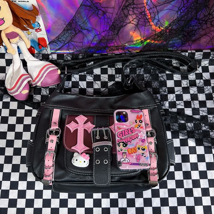 Y2K Gothic Punk Pink Cross Shoulder Bag - Vedlit