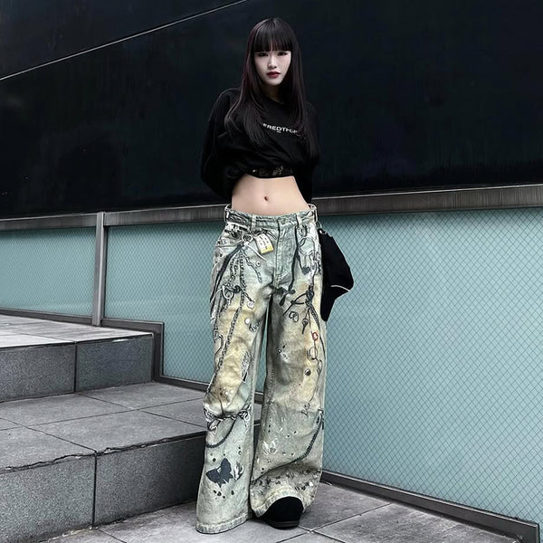 Y2K Graffiti Chain-Print Wide-Leg Streetwear Jeans - Vedlit
