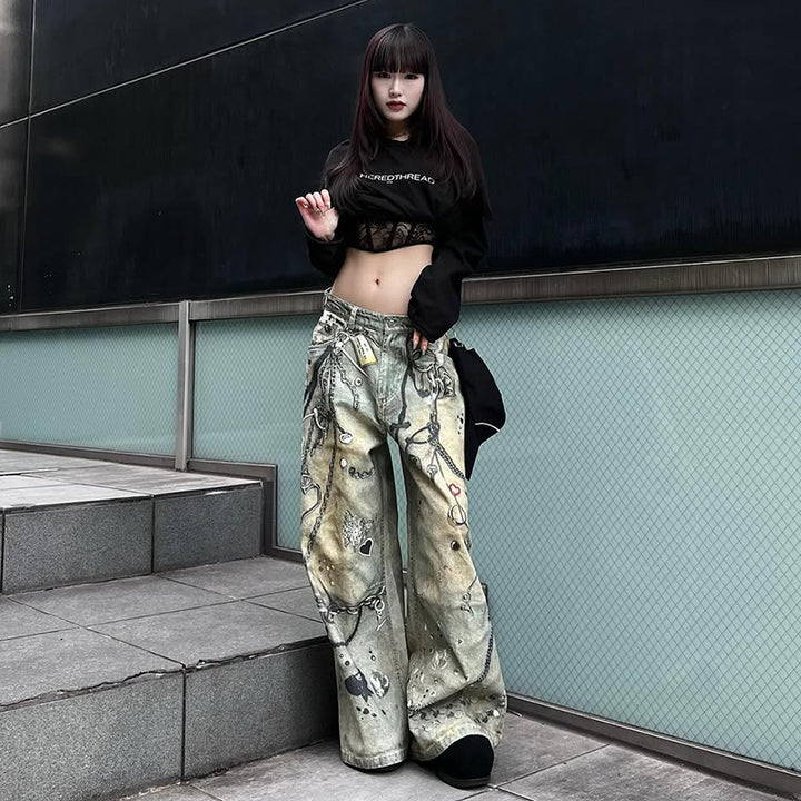Y2K Graffiti Chain-Print Wide-Leg Streetwear Jeans - Vedlit
