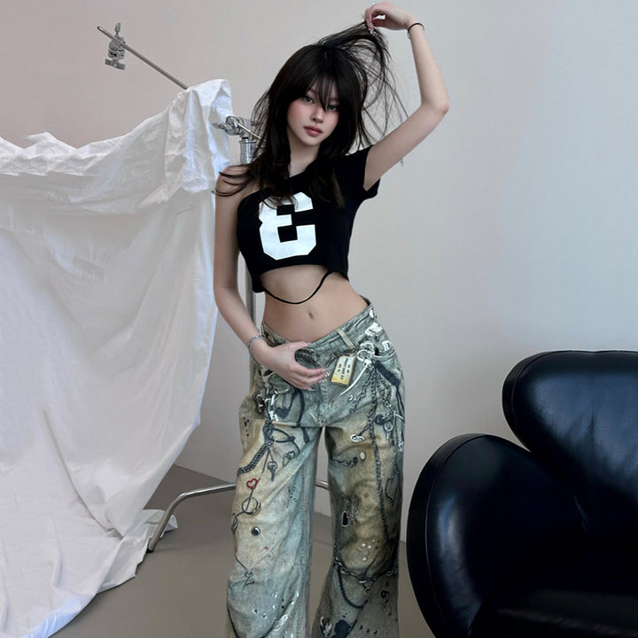 Y2K Graffiti Chain-Print Wide-Leg Streetwear Jeans - Vedlit
