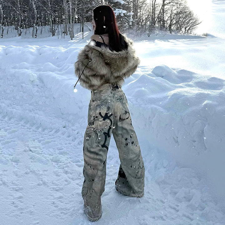 Y2K Graffiti Chain-Print Wide-Leg Streetwear Jeans - Vedlit