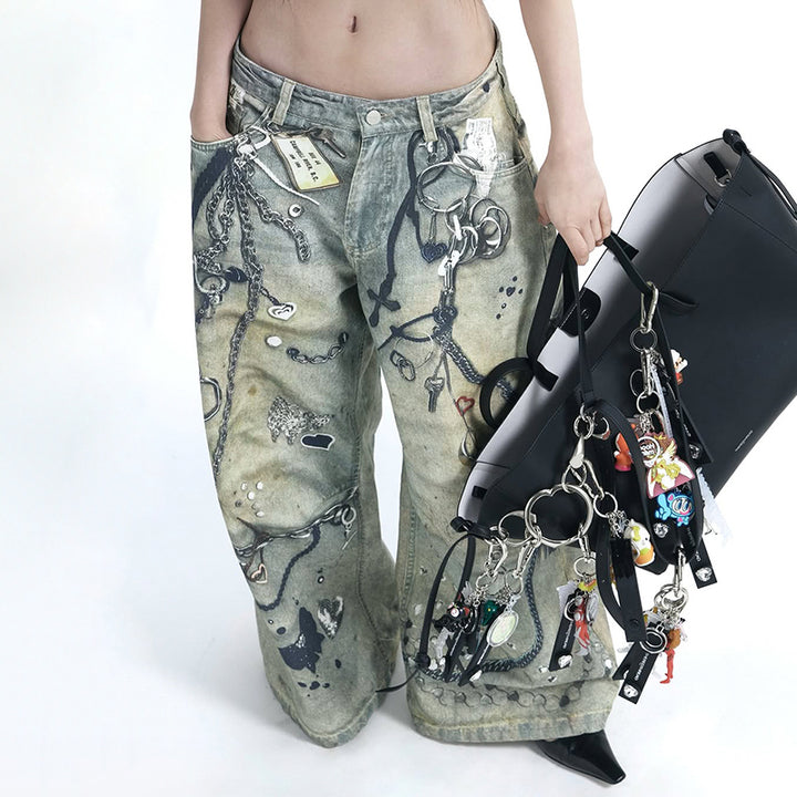 Y2K Graffiti Chain-Print Wide-Leg Streetwear Jeans - Vedlit